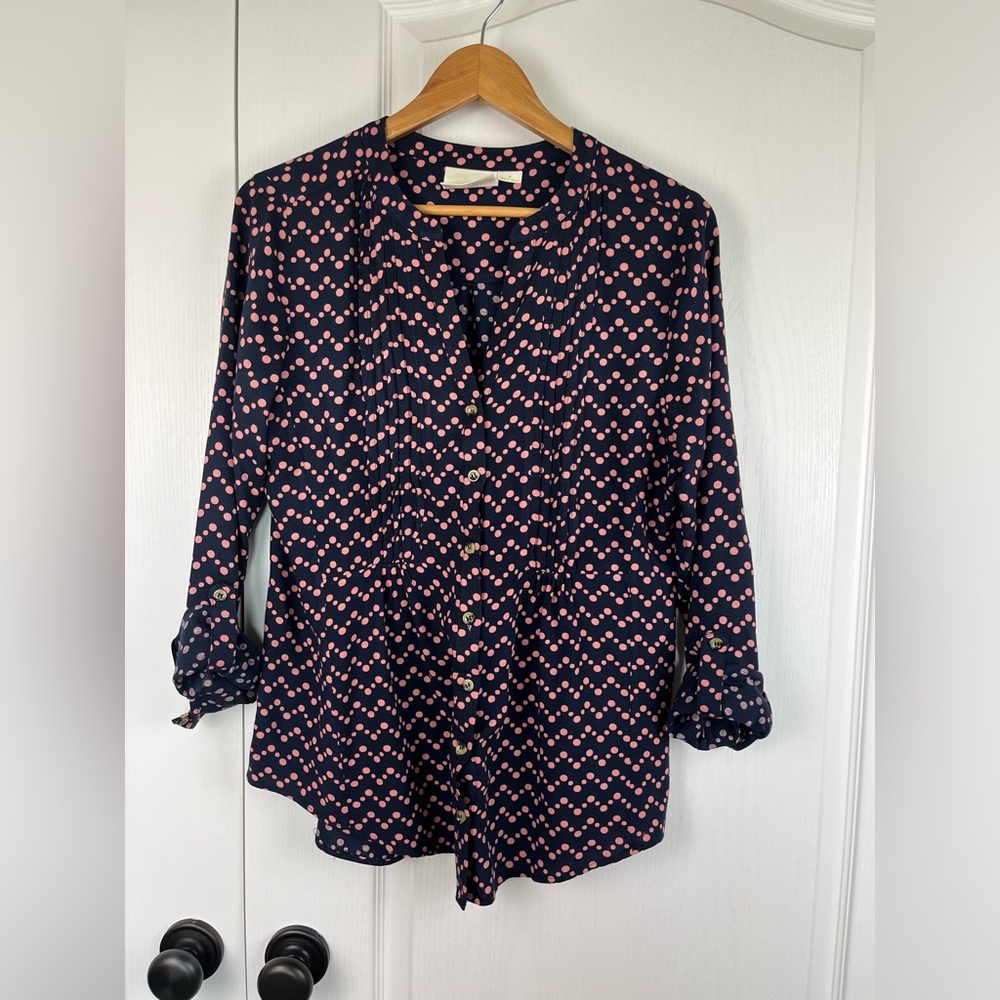 Maeve Blouse Size Medium Workwear Polka Dot Roll Sleeve Button Up